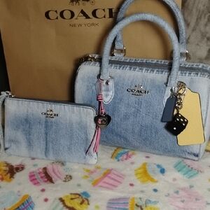 RARE NEW Authentic Coach Light Blue Denim Satchel With Charms and Wristlet Set
